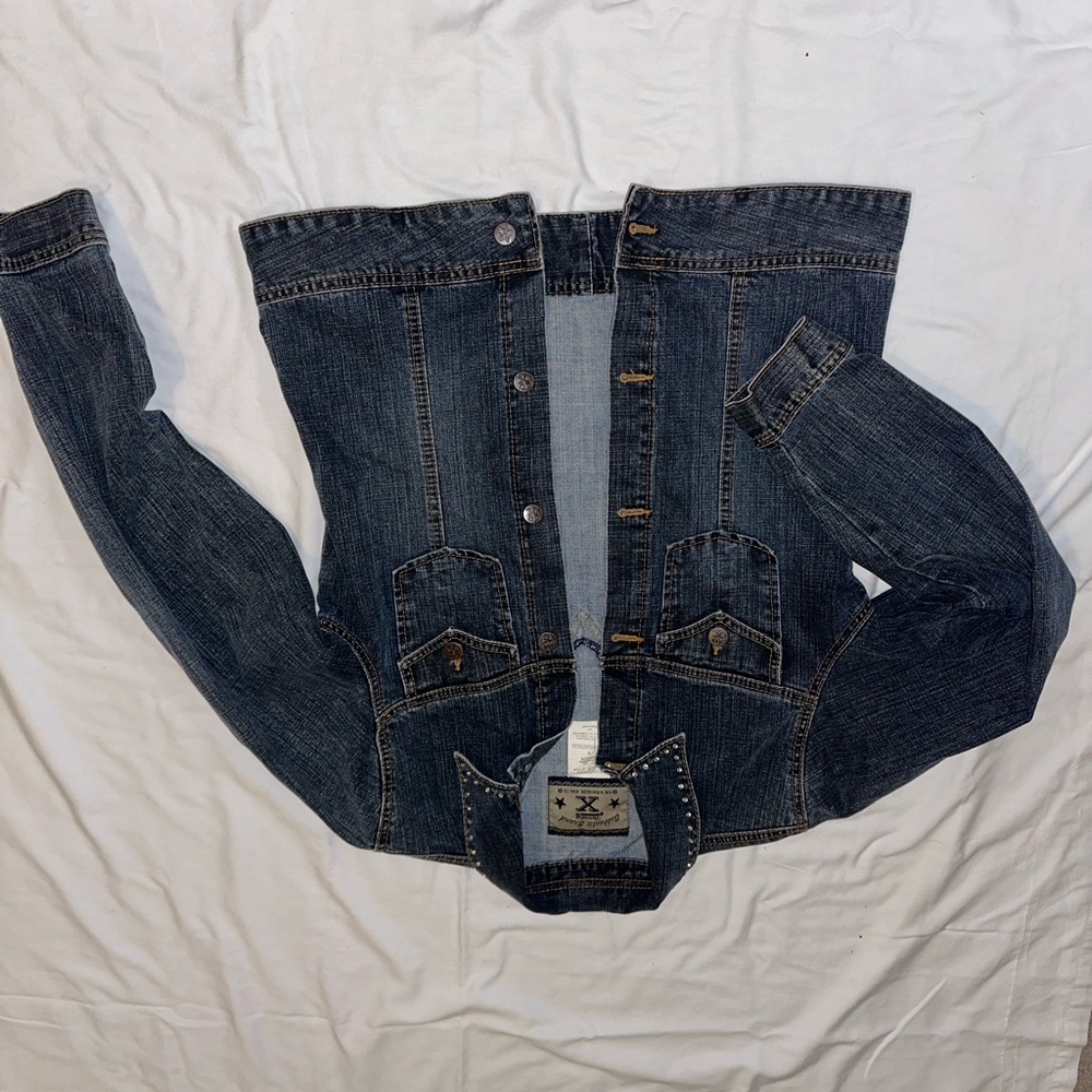 Women’s Dark Blue Denim Jacket - rhinestone collar